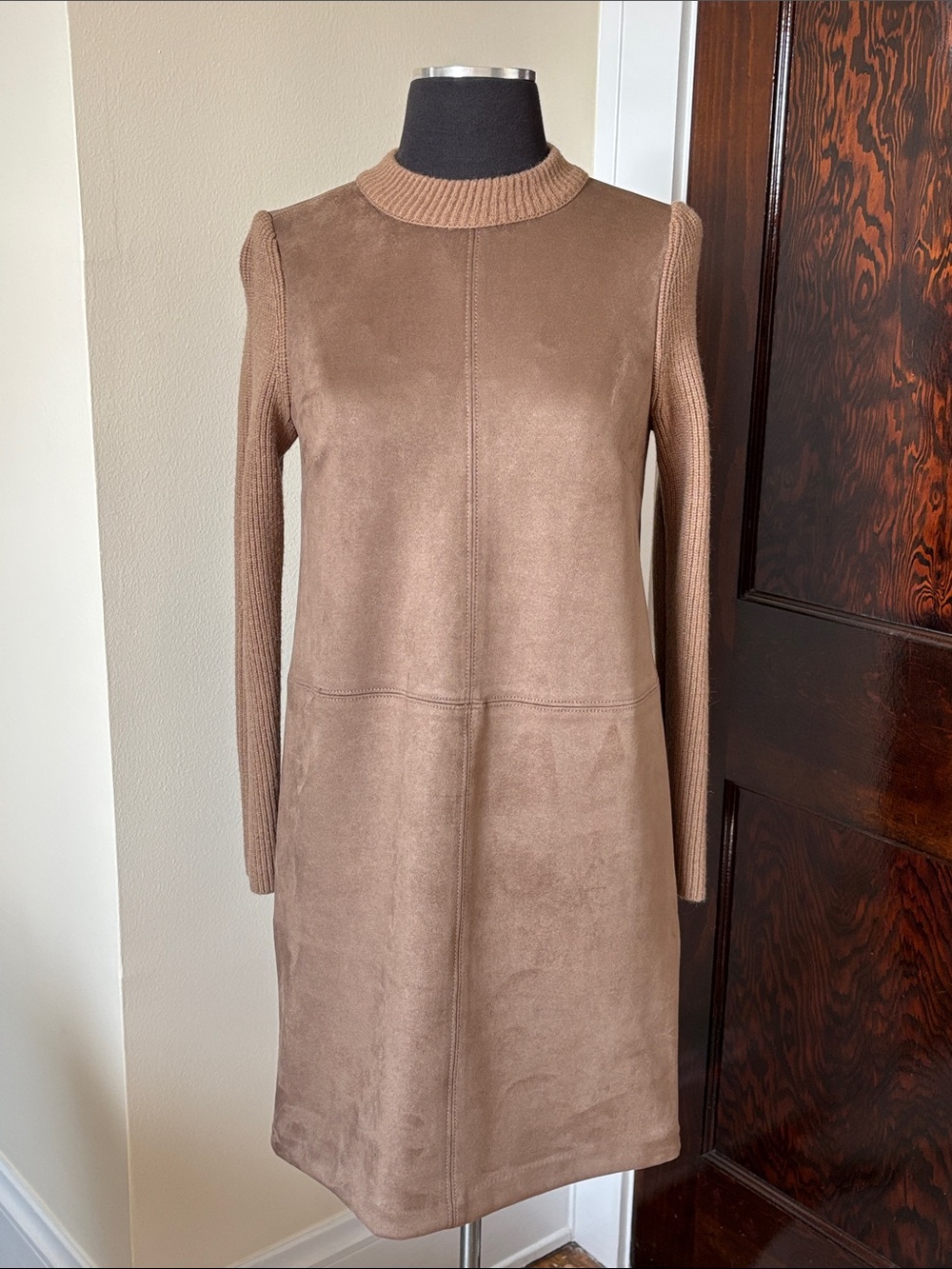 Ann Taylor Petite Camel Tan Brown Faux-Suede Knit Sleeve Longsleeve Dress
